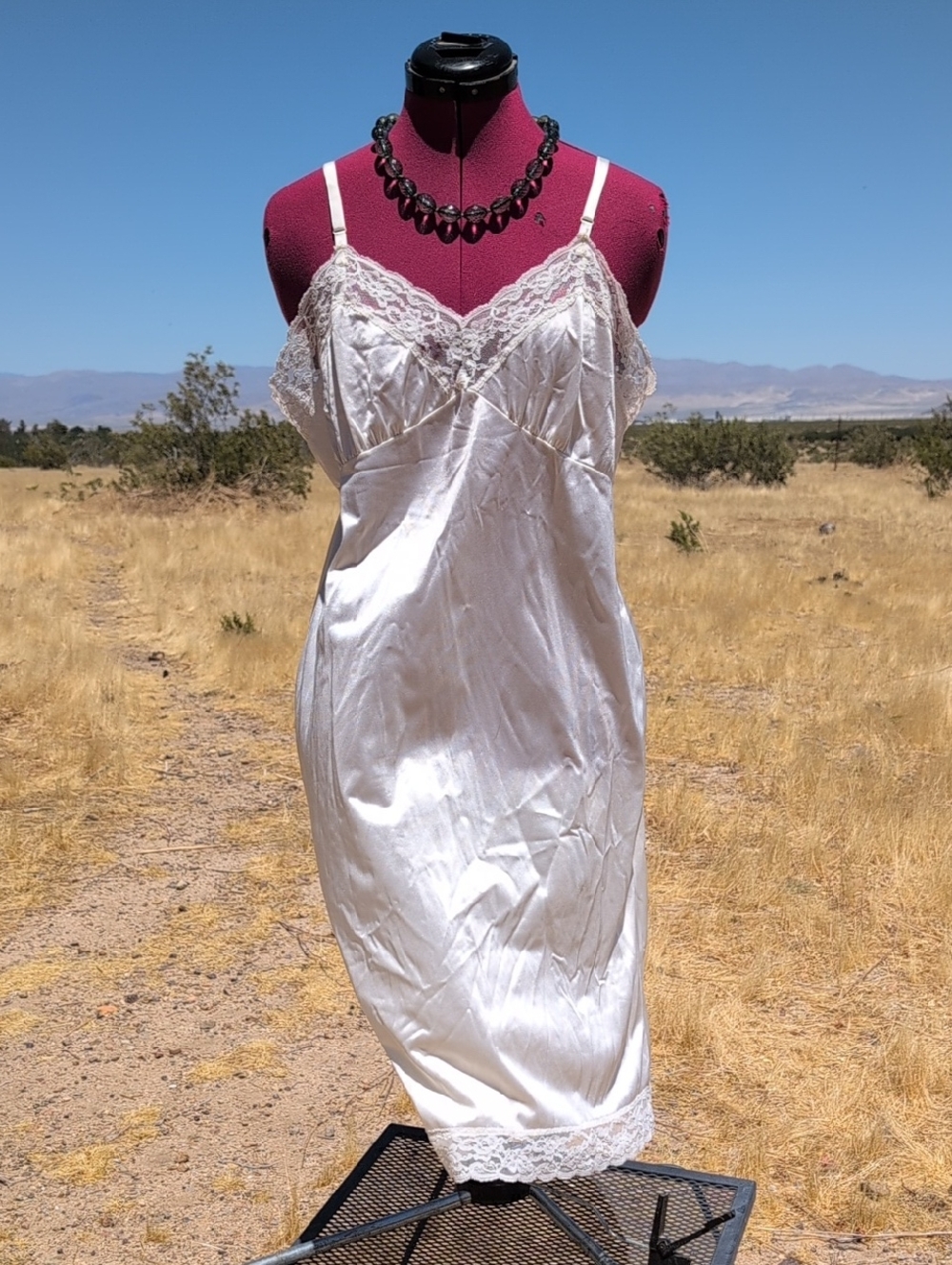 Vintage White Lace Trim Shiny Nylon Slip Dress  By Fortune Sz 40